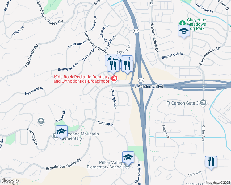 map of restaurants, bars, coffee shops, grocery stores, and more near 4404 Songglen Circle in Colorado Springs