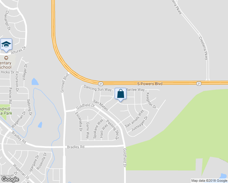 map of restaurants, bars, coffee shops, grocery stores, and more near 6421 Dancing Moon Way in Colorado Springs