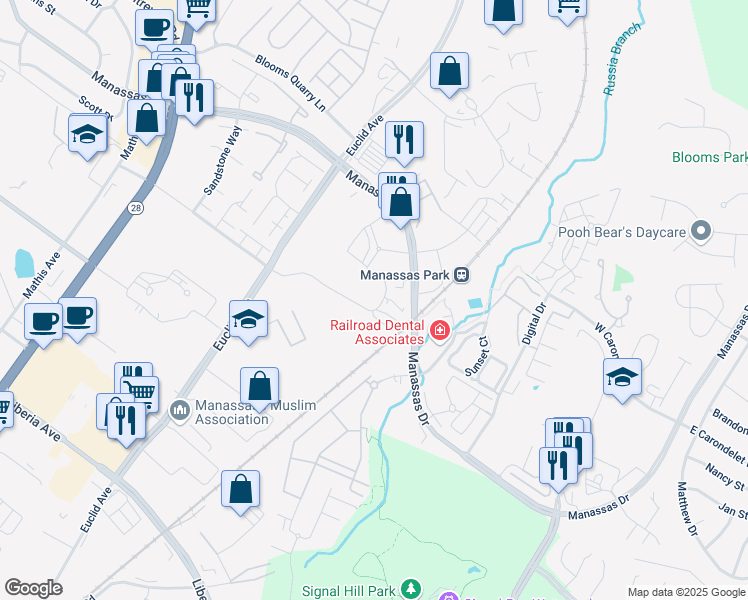 map of restaurants, bars, coffee shops, grocery stores, and more near 8228 Conner Drive in Manassas