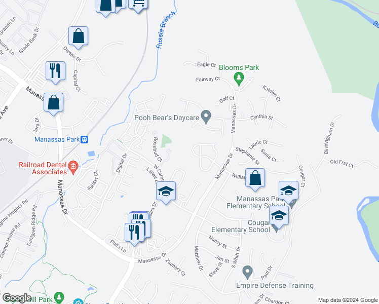 map of restaurants, bars, coffee shops, grocery stores, and more near 9225 Greenshire Drive in Manassas Park