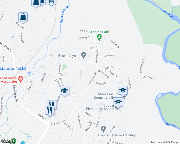 map of restaurants, bars, coffee shops, grocery stores, and more near 9307 Hedgeford Street in Manassas Park