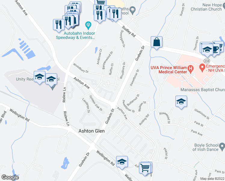 map of restaurants, bars, coffee shops, grocery stores, and more near 8812 Vicksburg Court in Manassas