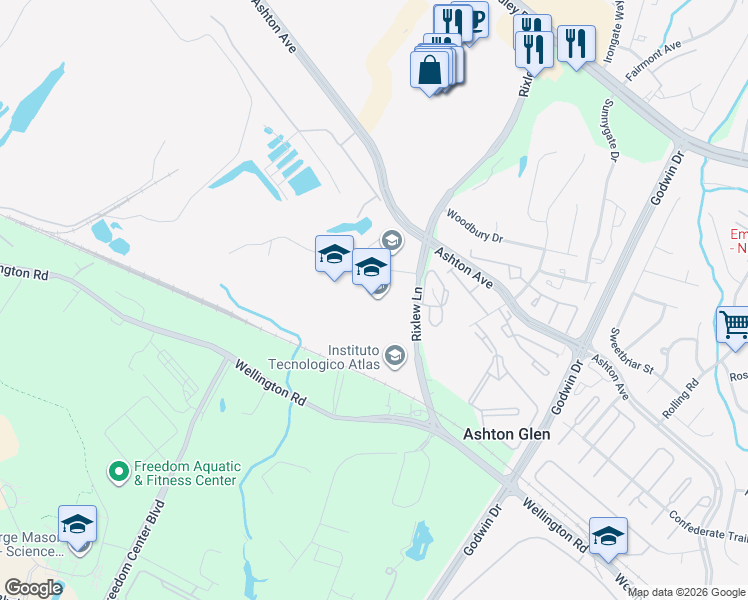 map of restaurants, bars, coffee shops, grocery stores, and more near 8820 Rixlew Lane in Manassas
