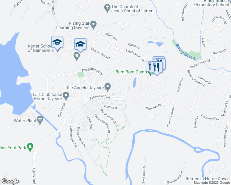 map of restaurants, bars, coffee shops, grocery stores, and more near 14105 Redstart Court in Gainesville