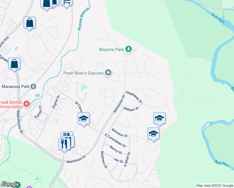 map of restaurants, bars, coffee shops, grocery stores, and more near 9307 Hedgeford Street in Manassas Park