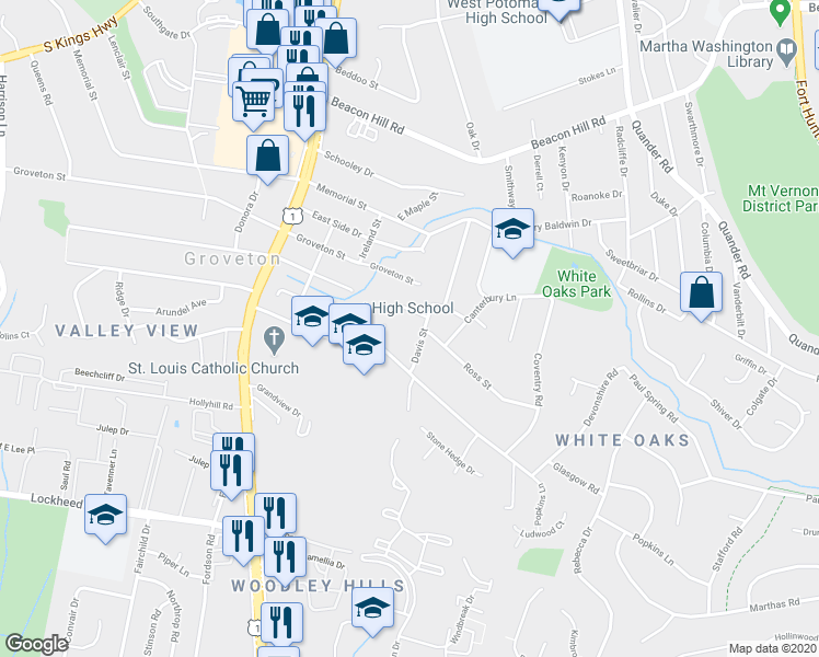map of restaurants, bars, coffee shops, grocery stores, and more near 7008 Davis Street in Alexandria
