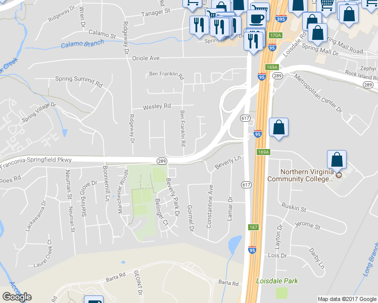 map of restaurants, bars, coffee shops, grocery stores, and more near 7017 Ben Franklin Road in Springfield