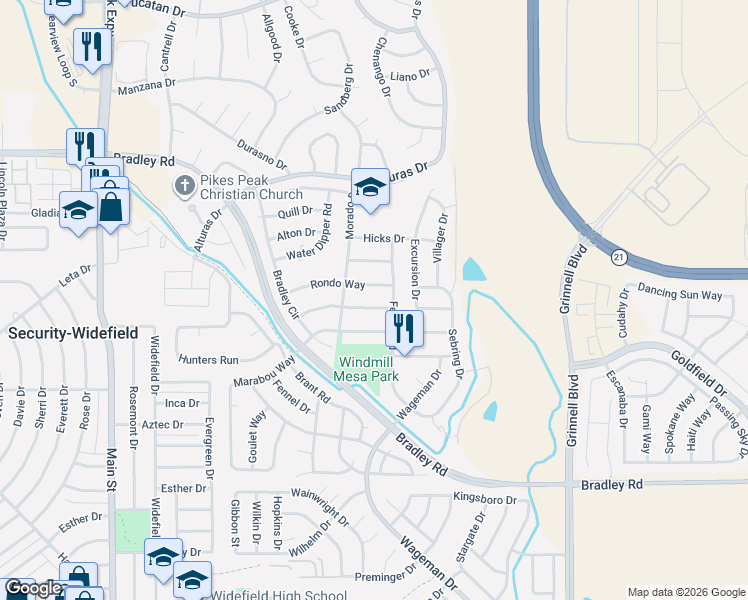 map of restaurants, bars, coffee shops, grocery stores, and more near 5540 Marabou Way in Colorado Springs