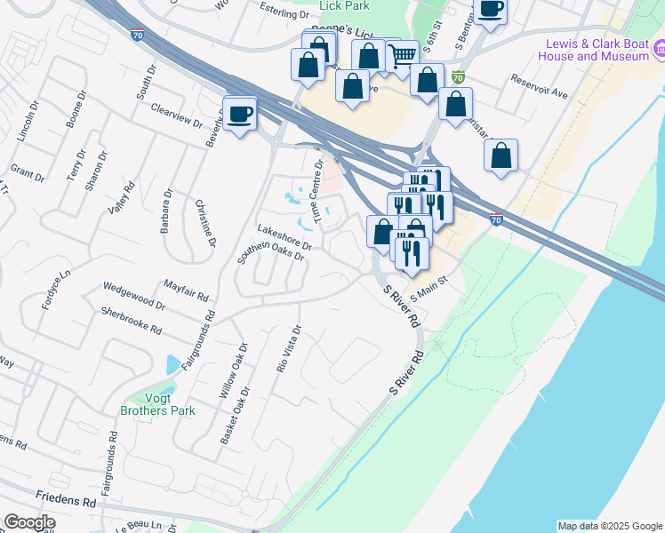 map of restaurants, bars, coffee shops, grocery stores, and more near 1715 South 5th Street in Saint Charles