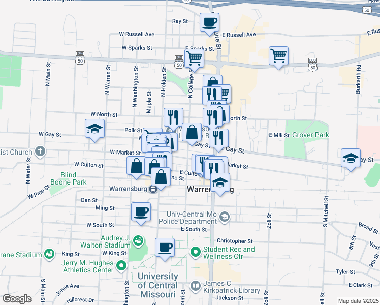 map of restaurants, bars, coffee shops, grocery stores, and more near 200 East Market Street in Warrensburg