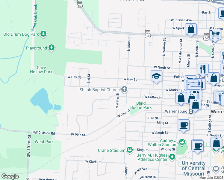 map of restaurants, bars, coffee shops, grocery stores, and more near 601 West Culton Street in Warrensburg