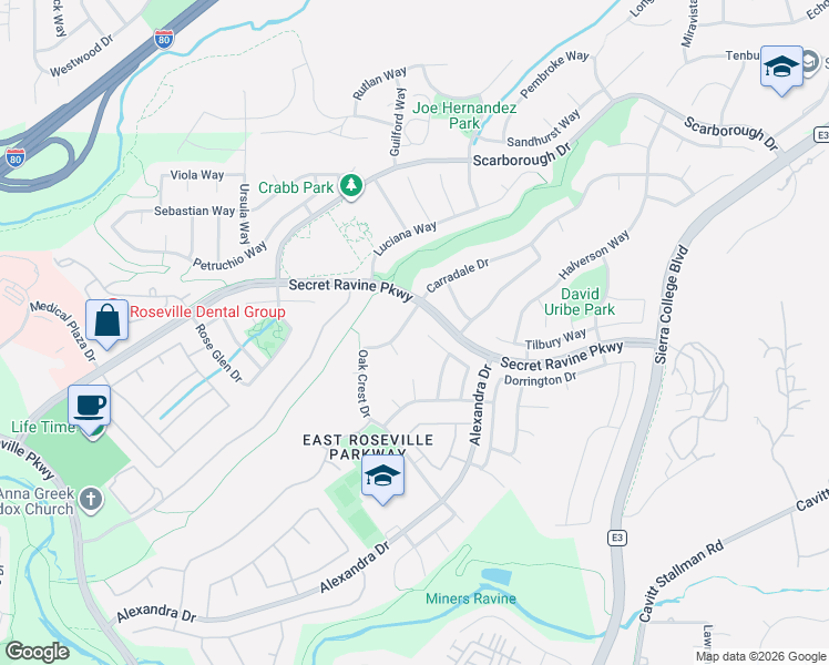 map of restaurants, bars, coffee shops, grocery stores, and more near 309 Bosbury Court in Roseville