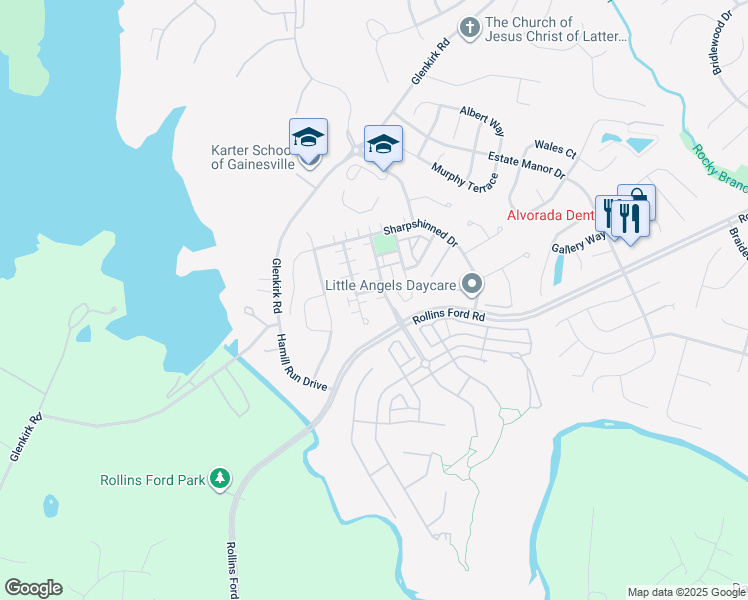 map of restaurants, bars, coffee shops, grocery stores, and more near 8916 Song Sparrow Drive in Gainesville
