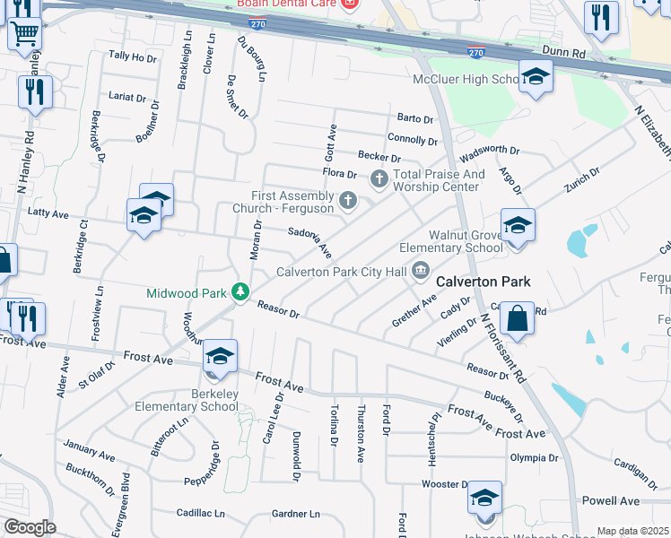 map of restaurants, bars, coffee shops, grocery stores, and more near 202 Anistasia Drive in St. Louis