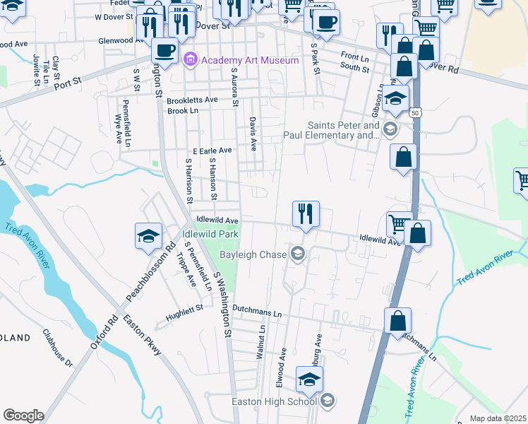 map of restaurants, bars, coffee shops, grocery stores, and more near 499 Idlewild Avenue in Easton