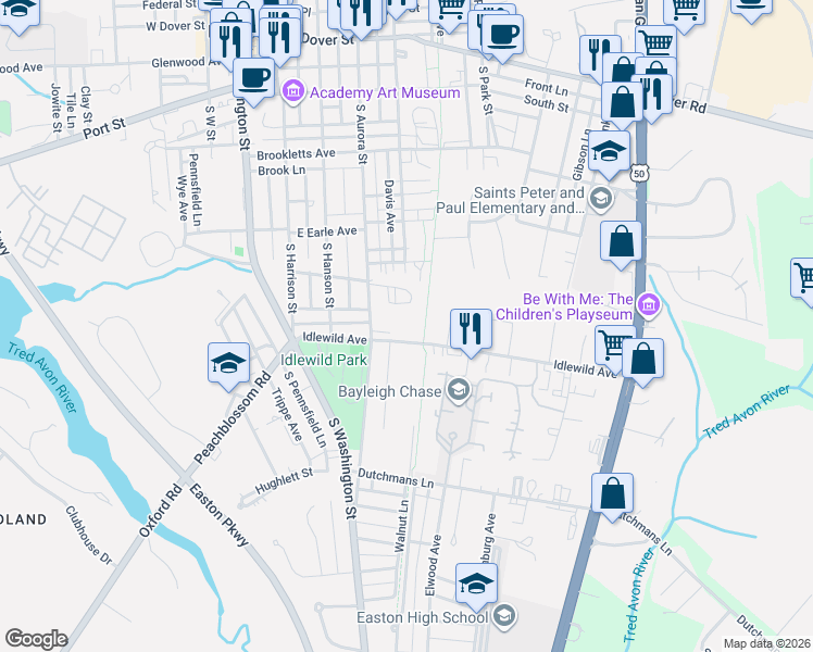 map of restaurants, bars, coffee shops, grocery stores, and more near 499 Idlewild Avenue in Easton