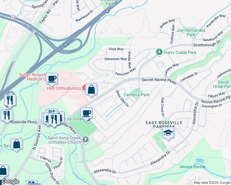 map of restaurants, bars, coffee shops, grocery stores, and more near 1408 Rose Glen Drive in Roseville