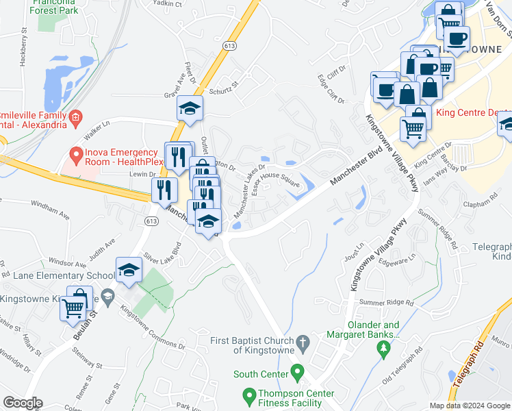 map of restaurants, bars, coffee shops, grocery stores, and more near 6016C Curtier Drive in Alexandria