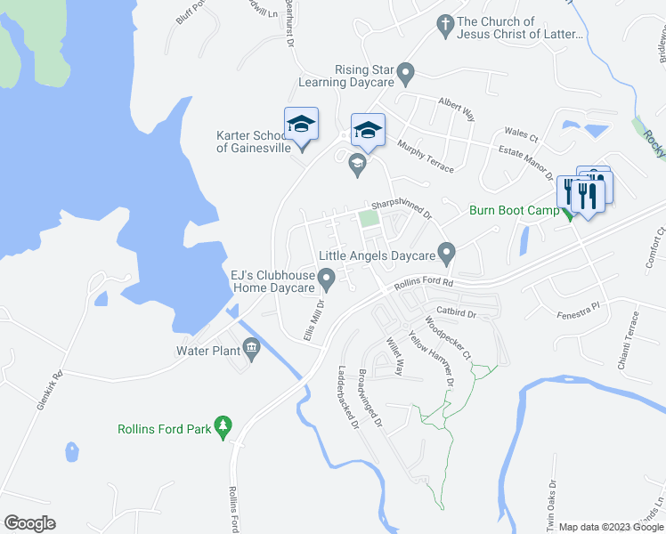 map of restaurants, bars, coffee shops, grocery stores, and more near 8906 Screech Owl Court in Gainesville