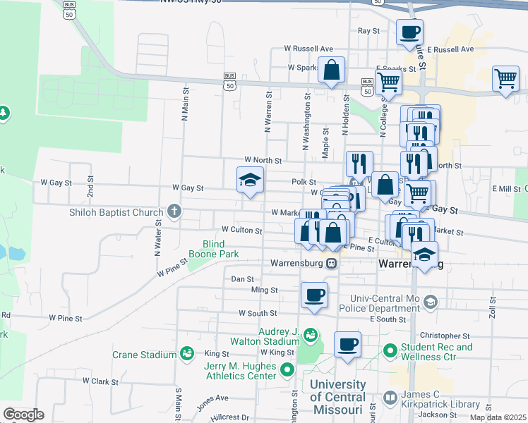 map of restaurants, bars, coffee shops, grocery stores, and more near 301 West Market Street in Warrensburg