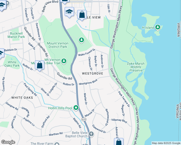 map of restaurants, bars, coffee shops, grocery stores, and more near 7006 Clemson Drive in Alexandria