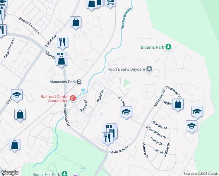 map of restaurants, bars, coffee shops, grocery stores, and more near 9522 Walker Way in Manassas Park