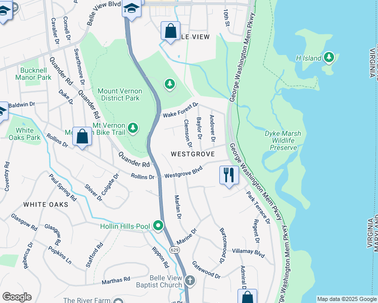 map of restaurants, bars, coffee shops, grocery stores, and more near 7006 Clemson Drive in Alexandria