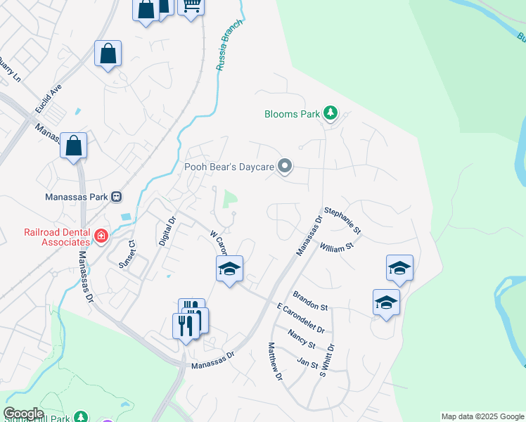 map of restaurants, bars, coffee shops, grocery stores, and more near 9227 Greenshire Drive in Manassas Park