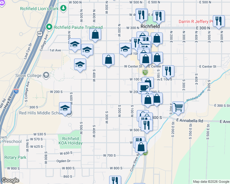 map of restaurants, bars, coffee shops, grocery stores, and more near 235 West 200 South in Richfield