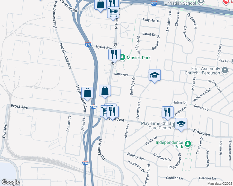 map of restaurants, bars, coffee shops, grocery stores, and more near 8609 Gwin Drive in Hazelwood