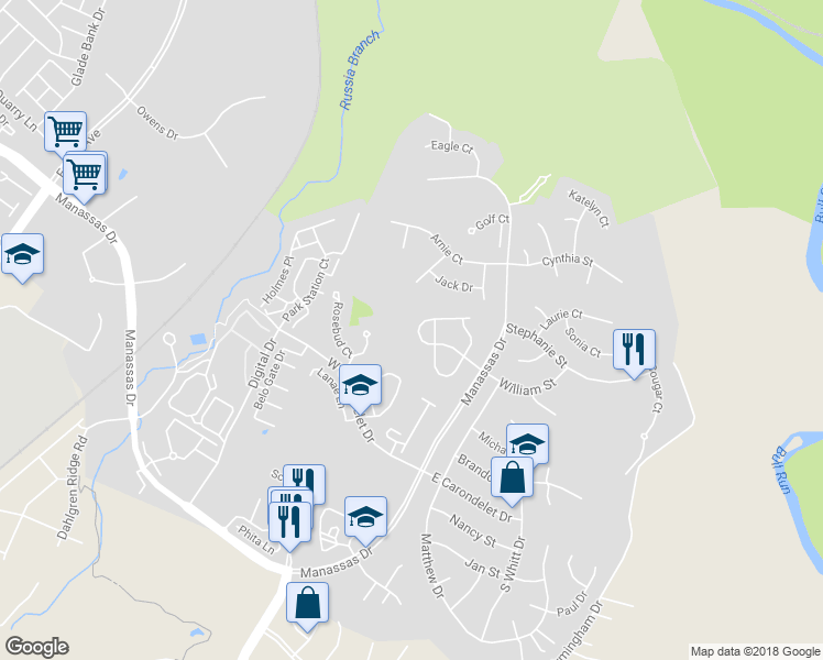 map of restaurants, bars, coffee shops, grocery stores, and more near 9227 Greenshire Drive in Manassas Park