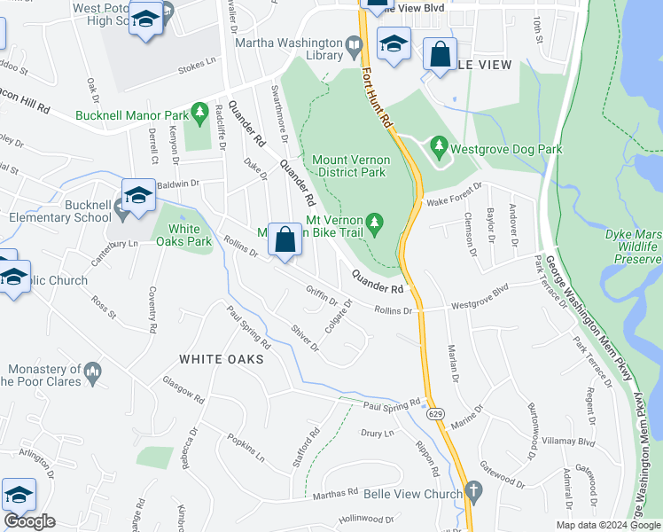 map of restaurants, bars, coffee shops, grocery stores, and more near 7012 Colgate Drive in Alexandria
