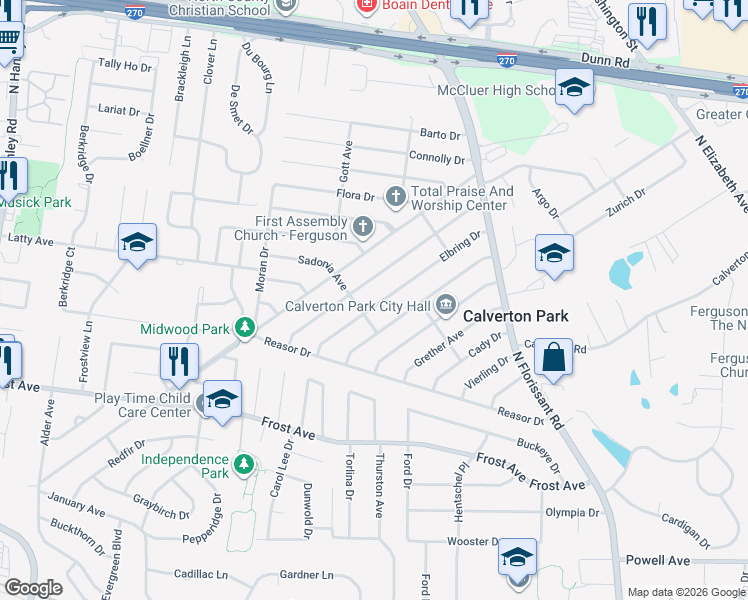 map of restaurants, bars, coffee shops, grocery stores, and more near 154 Anistasia Drive in St. Louis
