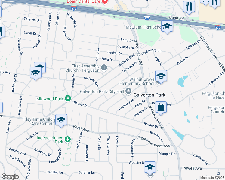 map of restaurants, bars, coffee shops, grocery stores, and more near 154 Anistasia Drive in St. Louis