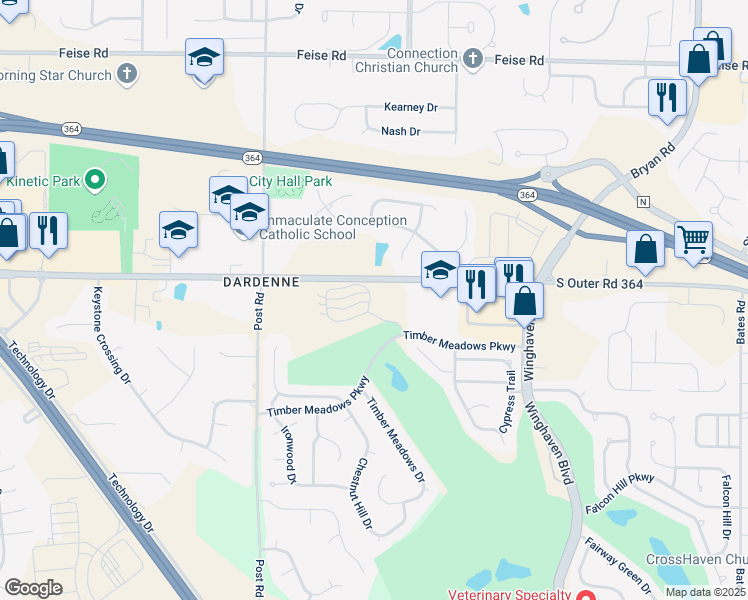 map of restaurants, bars, coffee shops, grocery stores, and more near 114 Timber Creek Drive in O'Fallon