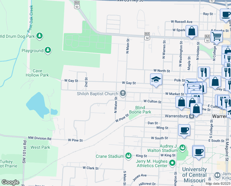 map of restaurants, bars, coffee shops, grocery stores, and more near 304 North Water Street in Warrensburg