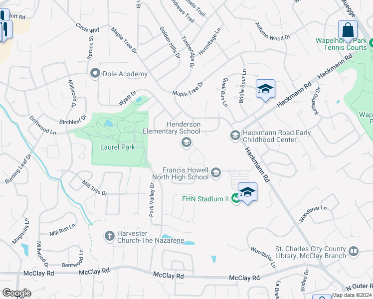 map of restaurants, bars, coffee shops, grocery stores, and more near 2501 Hackmann Road in St. Peters