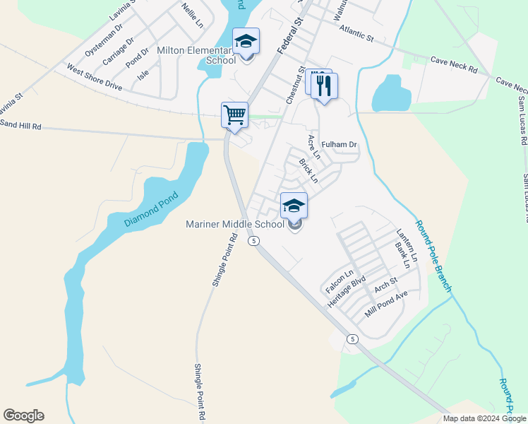 map of restaurants, bars, coffee shops, grocery stores, and more near 17042 Jays Way in Milton