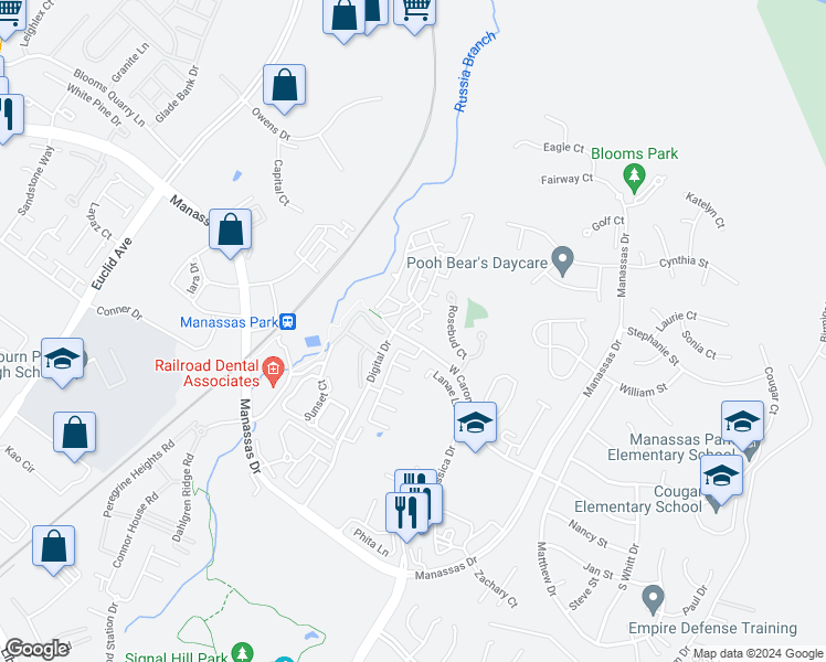 map of restaurants, bars, coffee shops, grocery stores, and more near 9522 Walker Way in Manassas Park