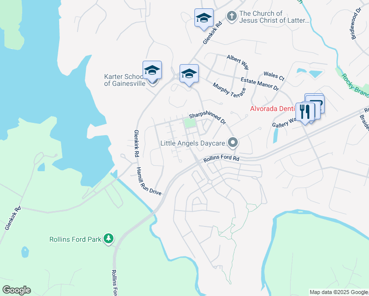 map of restaurants, bars, coffee shops, grocery stores, and more near 8912 Song Sparrow Drive in Gainesville