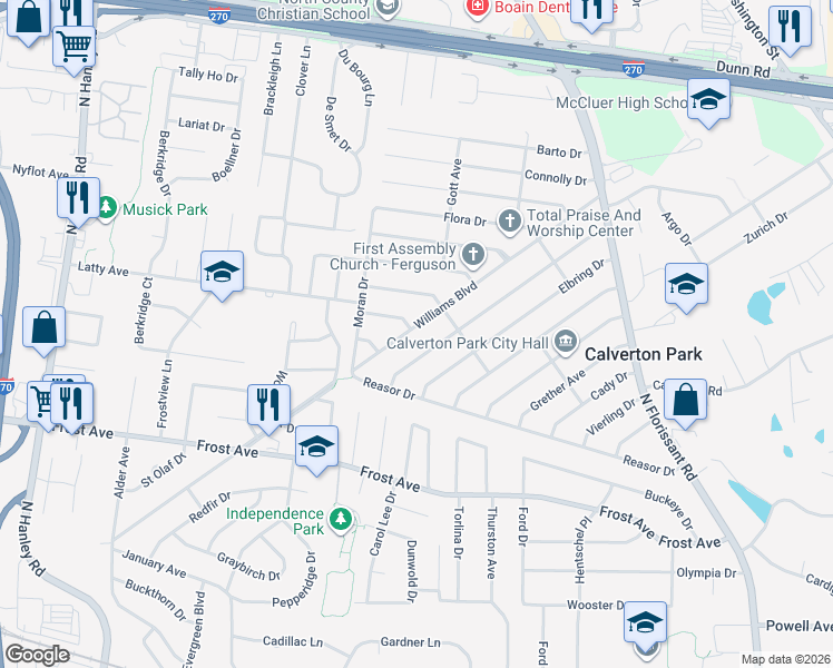 map of restaurants, bars, coffee shops, grocery stores, and more near 217 Williams Boulevard in St. Louis
