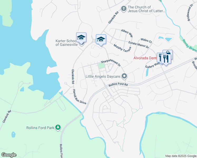 map of restaurants, bars, coffee shops, grocery stores, and more near 8912 Song Sparrow Drive in Gainesville