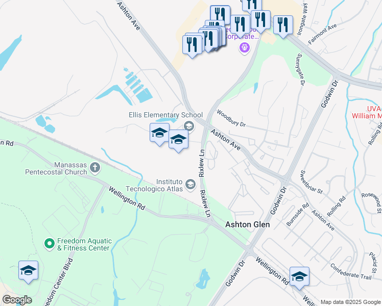 map of restaurants, bars, coffee shops, grocery stores, and more near 8820 Rixlew Lane in Manassas