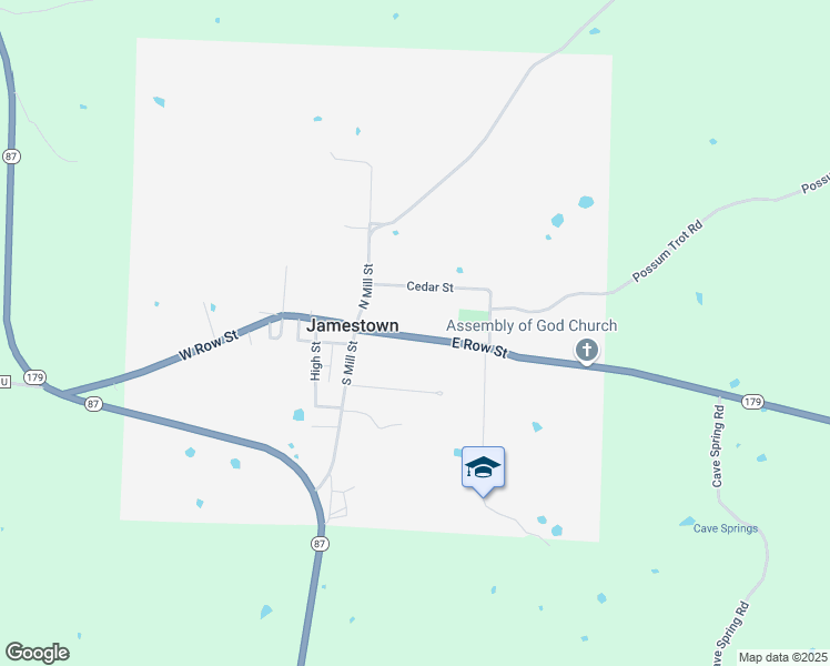 map of restaurants, bars, coffee shops, grocery stores, and more near 103 East Row Street in Jamestown