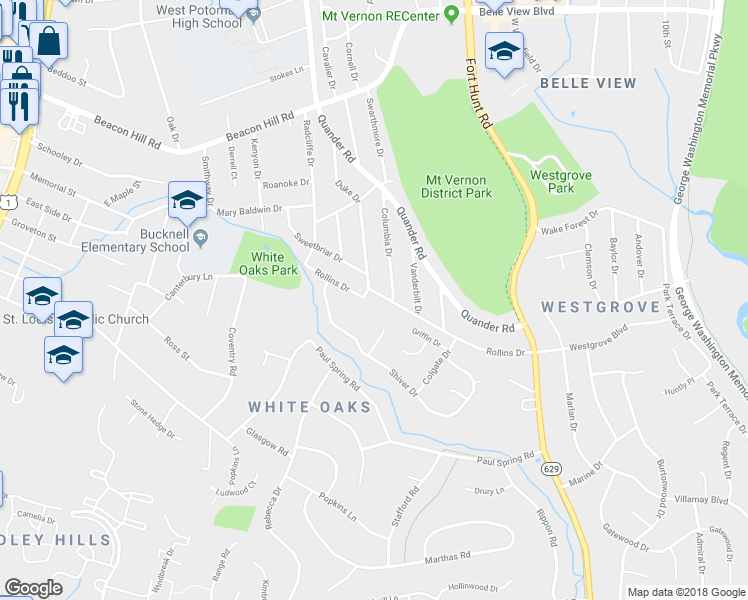 map of restaurants, bars, coffee shops, grocery stores, and more near 2111 Rollins Drive in Alexandria