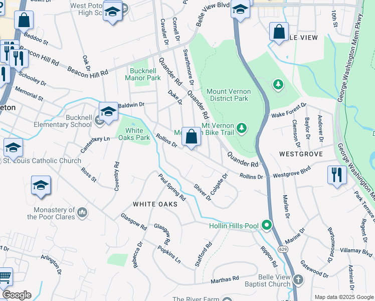 map of restaurants, bars, coffee shops, grocery stores, and more near 2111 Rollins Drive in Alexandria