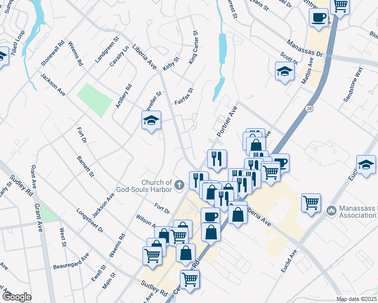map of restaurants, bars, coffee shops, grocery stores, and more near 8735 Bretton Woods Drive in Manassas