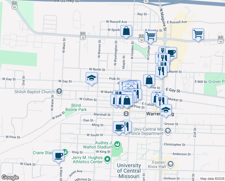 map of restaurants, bars, coffee shops, grocery stores, and more near 122 West Gay Street in Warrensburg