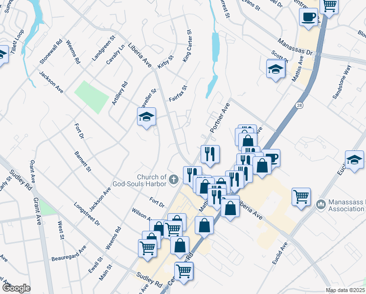 map of restaurants, bars, coffee shops, grocery stores, and more near 8735 Bretton Woods Drive in Manassas