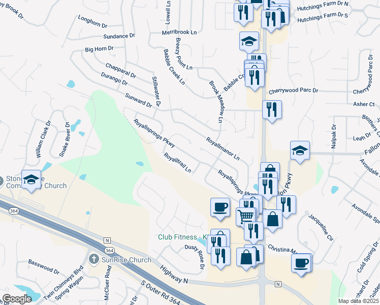 map of restaurants, bars, coffee shops, grocery stores, and more near 233 Royallsprings Parkway in O'Fallon